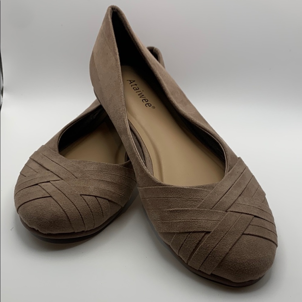 Tan Suede Flats with Crisscross Design.     Wide width